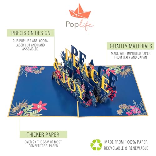 PopLife Wishing You Peace & Joy 3D Pop Up Handmade Greeting, Blank Merry Christmas Card, Small Stocking Present for Friends and Family, Holiday Wishes - color: Wishing You Peace & Joy