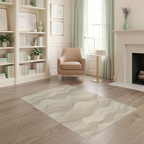 4'x6' Beige Abstract Ocean Waves Flow Washable Area Rug | Rustic Nautical Stripes with Vintage for Bedroom, Reading Nook, Pet Friendly & Non-Shedding - color: Beige/Pattern 29, size: 4' x 6' (Rectangular)
