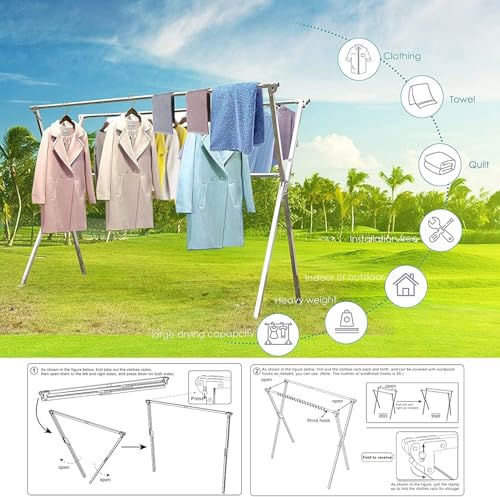 AUGMIRR Clothes Drying Racks Outdoor, 82 Inches Updated Version,Stainless Steel Laundry Drying Rack for Indoor Outdoor and The Balcony,Length Adjustable Saves Space,with Windproof Hooks(004) - size: 82