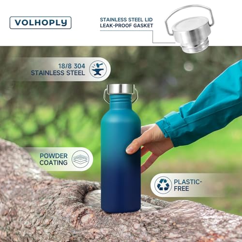 Volhoply 32oz Uninsulated Single Walled Water Bottle, Stainless Steel Sports Water Bottles with Handle, BPA Free Lightweight Water Bottles for Hiking, Biking, Running（Dark Night,1） - color: Dark Night