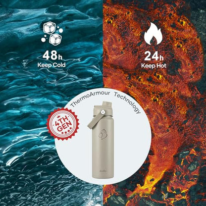 BUZIO 24 oz Water Bottle Insulated, Leakproof Stainless Steel Flask (Cold for 48 Hrs), Wide Mouth BPA-Free Metal Thermo Hydro Canteen with 2 Lids, Greige - color: Greige, size: 24 Ounces