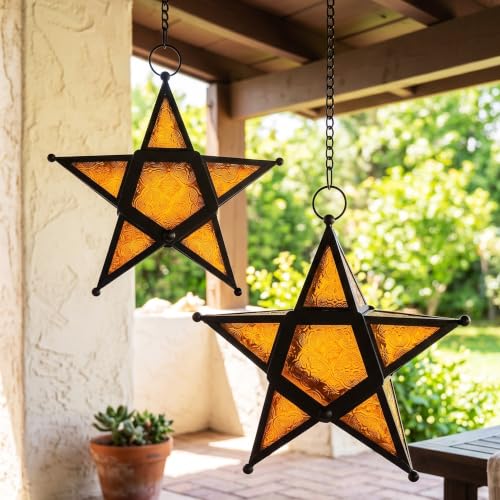 VELA LANTERNS Set of 2 Decorative Hanging Star Candle Lanterns – Moroccan Style Amber Glass & Metal Tealight Holders for Indoor, Outdoor, Patio, and Home Decor - color: Amber
