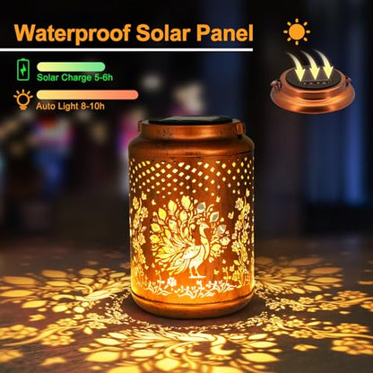 YISITEONE Peacock Outdoor Solar Lanterns, Garden Waterproof Metal Hanging Decor Lights for Patio Yard Pathway Lawn Front Porch, Birthday Gardening Gifts for Women Mom Grandma - style: Peacock