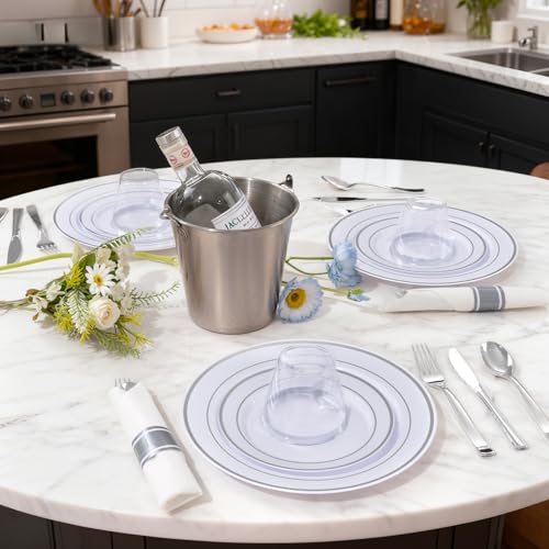 175PCS White Silver Plastic Dinnerware Set for 25 Guests, Fancy Disposable Plates for Party, Include: 25 Dinner Plates, 25 Dessert Plates, 25 Pre Rolled Napkins with Silver Silverware, 25 Cups - color: White and Silver