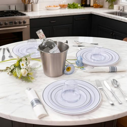 175PCS White Silver Plastic Dinnerware Set for 25 Guests, Fancy Disposable Plates for Party, Include: 25 Dinner Plates, 25 Dessert Plates, 25 Pre Rolled Napkins with Silver Silverware, 25 Cups - color: White and Silver