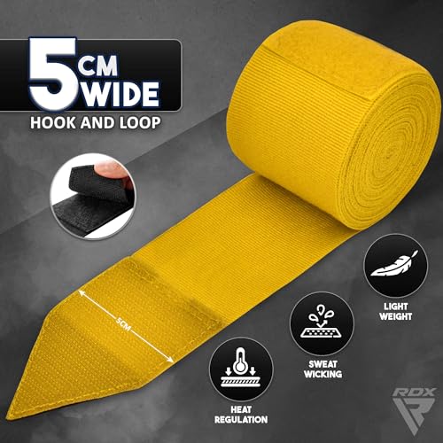 RDX Boxing Hand Wraps 4.5M / 180 Inches – Mexican Style Semi-Elastic MMA Inner Gloves - Wrist Support for Muay Thai, Kickboxing, BJJ, Karate - Thumb Loop & Hook and Loop Closure - Cotton & Nylon Blend - color: Yellow