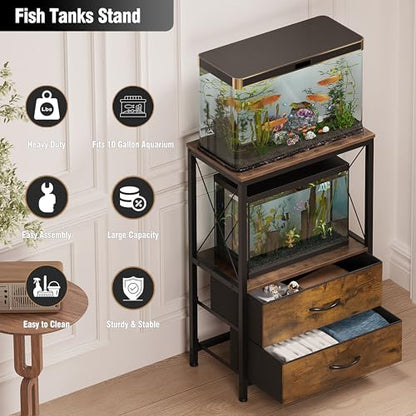 10 Gallon Aquarium Stand with 2 Drawers, Brown | 10 Gallon Fish Tank Stand; 2-Tier Storage Shelf; Heavy-Duty Metal Frame; Reptile & Turtle Tank Stand; Brown Finish - color: Brown
