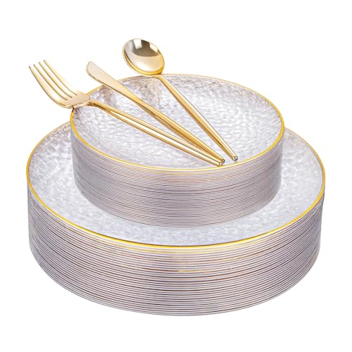 Rubtlamp 150Pcs Plastic Plates, Heavy Duty Clear Plates With Gold Rim, Hammered Gold Dinnerware Set Include 30 Dinner Plate, 30 Dessert Plate, 90 Plastic Silverware - color: Clear Gold