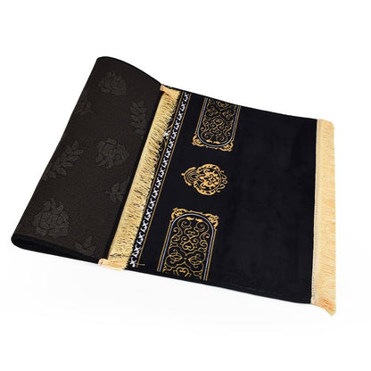 Premium Soft Velvet Comfortable Muslim Prayer Rug with Traditional Kaaba Cover Design Theme, Thick Padding for Comfort, Extra Wide Layout, Non-Crumbling & Non-Slip Base (Black). - color: Black