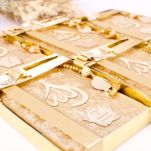 IEF Personalized Yaseen Dua Book Prayer Beads Islamic Gift Set, Ramadan Eid Wedding Birthday Anniversary Mother's Day Father's Day Gifts, Party Favors for Guests (Style-1) | Personalized Velvet Dua Book and Tasbeeh set - color: Gold