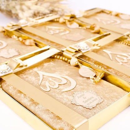 IEF Personalized Yaseen Dua Book Prayer Beads Islamic Gift Set, Ramadan Eid Wedding Birthday Anniversary Mother's Day Father's Day Gifts, Party Favors for Guests (Style-1) | Personalized Velvet Dua Book and Tasbeeh set - color: Gold