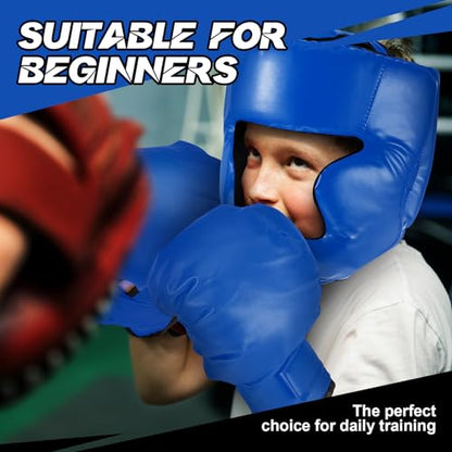 Kanayu 12 Pcs Kids Boxing Equipment Set for Beginners Ages 6-18 Years Including Boxing Helmet and Gloves Hand Wraps Sport Mouthguards Taekwondo Sparring Gear for Kids and Children - color: Blue, White