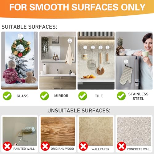 Suction Cup Hooks 12Pack - Max Load 10LB, 1.77Inch Clear Medium Suction Cups, No Trace, Reusable & Removable, Stainless Steel Hooks, for Tile, Glass, Window, Shower, Kitchen, Bathroom - size: 12pc-Medium Size