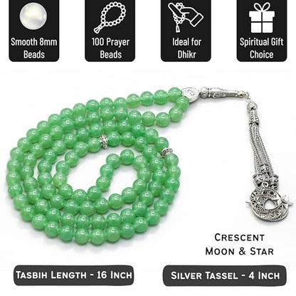 Amazing Gemstone Green Aventurine Tasbeeh with Moon and Star Charm - Certified Crystal Muslim Prayer Beads Natural Gemstone Tasbih Gift for Ramadan Dhikr and Daily Namaz (S) - color: Green Aventurine