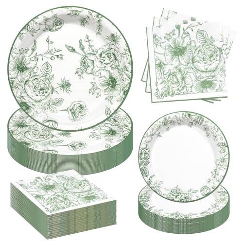 Sage Green Floral Plates and Napkins Party Supplies,Serve 60 Guests - style: Green Floral