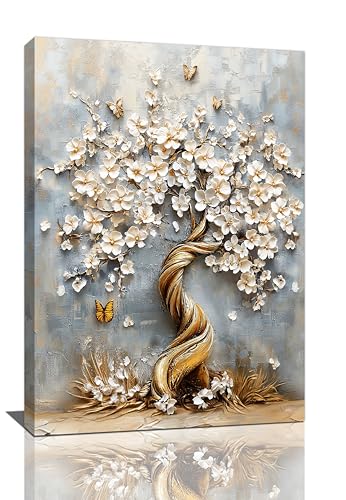 Flowers Wall Art White Blossom Butterfly Pictures Wall Decor 3d Floral Tree Of Life Canvas Print Painting Modern Home Decoration Unframed Artwork for Living Room Bedroom Kitchen Office 16"X24" - color: Blossom Ttree, size: 16"L x 24"W