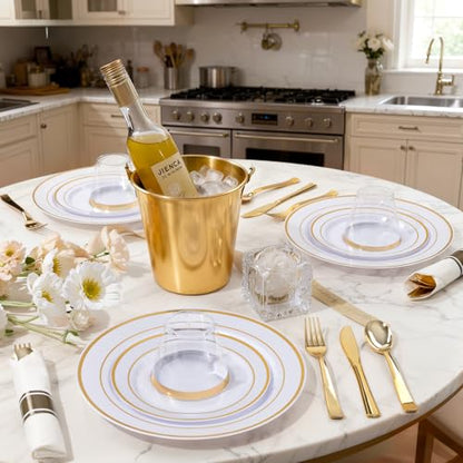 175PCS Disposable Plastic Plates,Gold Plastic Dinnerware Set Includes 25 Dinner Plates, 25 Dessert Plates, 25 Pre Rolled Napkins with Gold Silverware, 25 Cups for Party, Wedding, Birthday - color: White and Gold