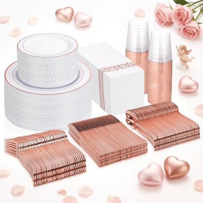 Supernal 400pcs Rose Gold Plastic Plates Disaposable Heavy Duty included Disposable Utensils& Plastic Party Plates Disaposable Party Cups and Napkins Sets for Valentine's Day Mother's Day and Easter - color: 400pcs White and Rose Gold Plastic Plates Disap
