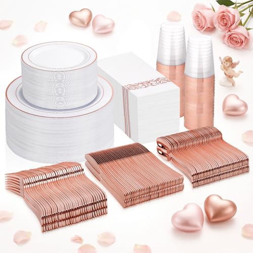 Supernal 400Pcs Rose Gold Plastic Dinnerware Set for 50 Guests Wedding - color: 400pcs White and Rose Gold Plastic Plates Disaposable