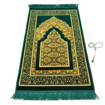 Muslim Prayer Rug, Soft Plush Thin Islamic Prayer Mat, Janamaz, Sajada, Praying Carpet, Islamic Gift for Men & Women, Islamic Mat, DarkGreen, Eid & Ramadan Gift with Prayer Beads, 26x43 inch - color: Darkgreen-sacred