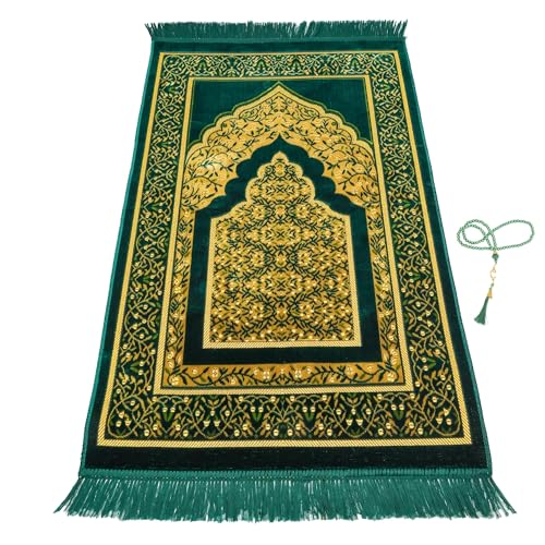Muslim Prayer Rug, Soft Plush Thin Islamic Prayer Mat, Janamaz, Sajada, Praying Carpet, Islamic Gift for Men & Women, Islamic Mat, DarkGreen, Eid & Ramadan Gift with Prayer Beads, 26x43 inch - color: Darkgreen-sacred
