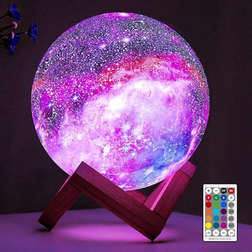 BRIGHTWORLD Moon Lamp Galaxy Lamp 5.9 inch 16 Colors LED 3D Moon Light, Remote & Touch Control Moon Night Light Gifts for Girls Boys Kids Women Birthday（Wooden Base） - style: Wooden Base