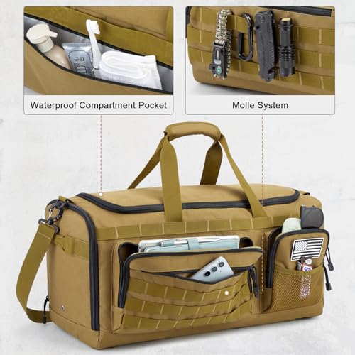 G4Free 3-in-1 Duffle Bag Travel Gym Sports, Large Tactical Duffel Backpack | 50L/65L with Shoes Compartment and Wet Pocket, Military Workout Bag for Men and Women, Khaki - color: Khaki