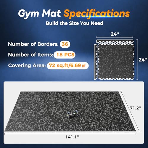 SUPERJARE 1" Extra-Thick Rubber Top Exercise Mat, Puzzle Gym Flooring for Home Gym, Gym Mat for Workout Equipment, Interlocking Floor Tiles with EVA Foam, 18 Pcs 72 Sq Ft, Black/Grey - size: 18 Tiles (72 Sq Ft)
