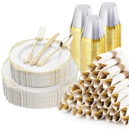 Bestluck 350PCS Gold Disposable Dinnerware for 50 Guests - color: Gold, size: 50 Guests Set