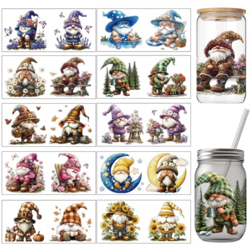 arricraft 10 Pcs Colorful Dwarf Elf Theme Cup Printing UV Transfer Papers, 10 Styles Gnome Moon Butterflies Forests Flowers UV DTF Cup Wrap Stickers for 16 OZ Glass Cups Crafts 9.5x4.3inch - style: Colorful Dwarf Elf Theme