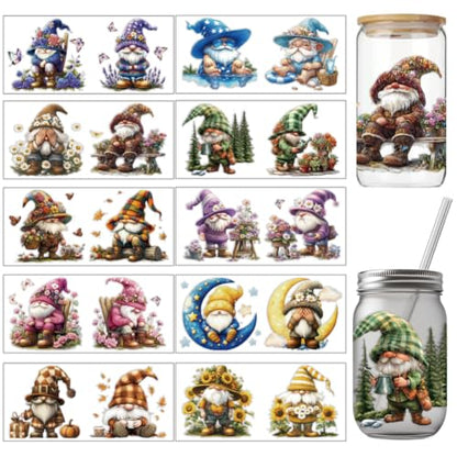 arricraft 10 Pcs Colorful Dwarf Elf Theme Cup Printing UV Transfer Papers, 10 Styles Gnome Moon Butterflies Forests Flowers UV DTF Cup Wrap Stickers for 16 OZ Glass Cups Crafts 9.5x4.3inch - style: Colorful Dwarf Elf Theme