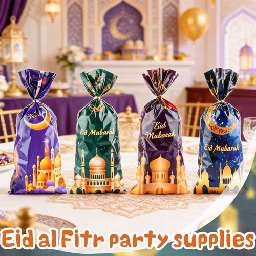 LERCTH 50 PCS Ramadan Eid Mubarak Gift Bags with Gold Twist Ties - 4.9x10.7 Inch Metallic Foil Treat Bags, Moon Star Design Party Favor Bags for Islamic Holiday Celebrations - color: Ramadan Bags 50 pack