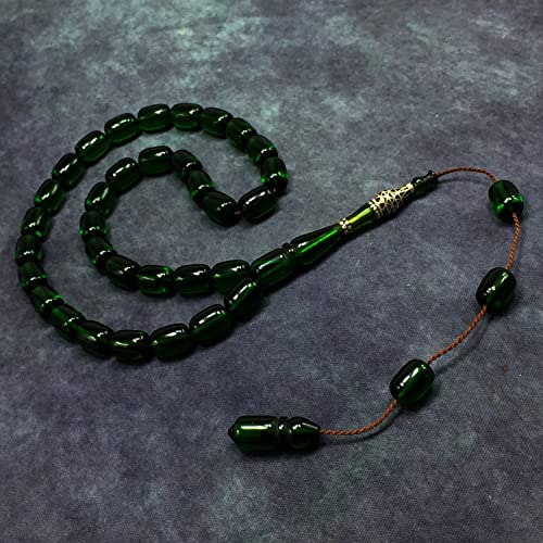 EXCLUSIVE COLLECTION -Handmade Silver Engraved Bakelite Tesbih, Tasbih, Islamic Rosary, Islamic Prayer Beads, Misbaha (8x12 mm 33 Forest Green Beads) - color: 8x12 mm 33 Forest Green Beads