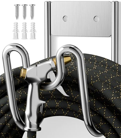 Garden Hose Holder Wall Mount - SS304 Stainless Steel Water Hose Hanger Heavy Duty Rack for Extension Cords Vacuum Hose Outside Silver (1 Pack)