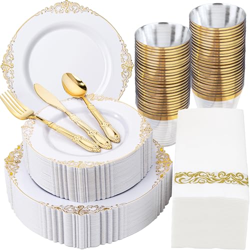Morejoy 350PCS White and Gold Plastic Plates,Gold Plastic Dinnerware Sets - color: White and Gold, size: 350 count