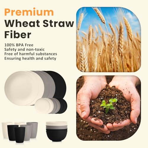 Homienly Wheat Straw Plates and Bowls Set, Lightweight & Unbreakable Dinnerware Set for Kitchen, Parties, Holidays, Microwave and Dishwasher Safe Dish Set - Plate Sets, Bowls, Cups, 24pcs (Grey Stone) - color: Grey Stone, size: 24 PCS
