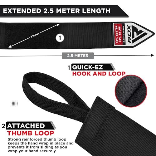 RDX Boxing Wraps Kids 2.5M Inner Gloves, Elasticated Thumb Loop Bandages, Junior Under Mitts Hand Fist Protector Wrist Support Straps, Muay Thai MMA Kickboxing Martial Arts Speed Bag Punching Training - color: BLACK