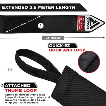 RDX Boxing Wraps Kids 2.5M Inner Gloves, Elasticated Thumb Loop Bandages, Junior Under Mitts Hand Fist Protector Wrist Support Straps, Muay Thai MMA Kickboxing Martial Arts Speed Bag Punching Training - color: BLACK