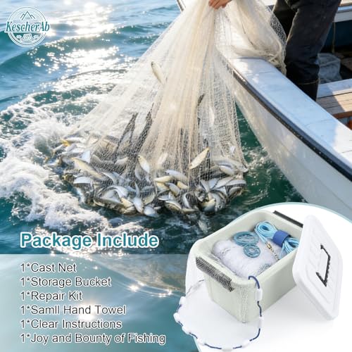 Cast Net 3ft-8ft Radius American Monofilament Fishing Net 3/8 Mesh Fish Throw Net for Bait Trap, Casting Net with Heavy Duty Sinker, Professional Grade Saltwater Bait Fish - size: 5ft Radius