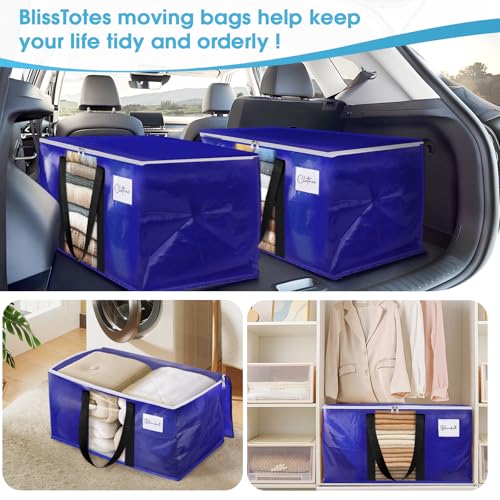 BlissTotes 6 Pack Moving Bags with Clear Window, Storage Bags with Strong Carrying Handles & Zippers,Large Packing Bags for Saving Space, Alternative to Moving Boxes(Blue,33 Gallon)