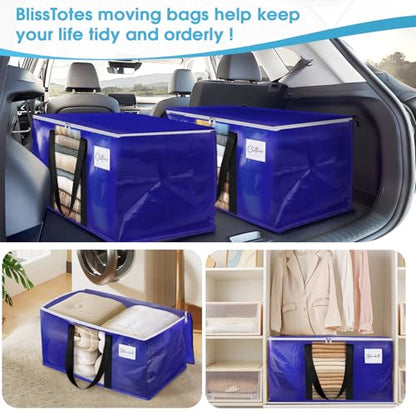 BlissTotes 6 Pack Moving Bags with Clear Window, Storage Bags with Strong Carrying Handles & Zippers,Large Packing Bags for Saving Space, Alternative to Moving Boxes(Blue,33 Gallon)