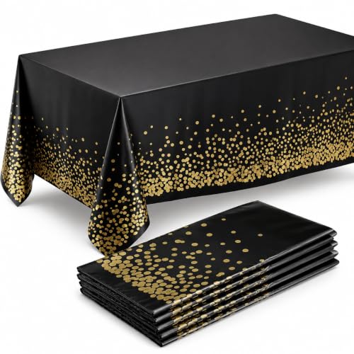 Prestee 4 Pack Gold and Black Table Cloth Rectangle Table Covers 54 x 108 Inches - Plastic Table Cloth Disposable for Parties, Dining and Events - Black Tablecloths for Weddings and Celebrations - color: Black/Gold, size: Rectangle (4 Pack)