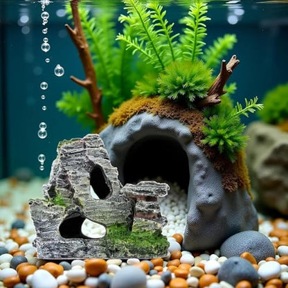 Resin Aquarium Mountain Decor with Moss Rock Cave - Multi-Level Terrain for Fish Tank Landscaping, Natural-Looking Rockery Design with Hidden Cave and Crevices for Shrimp