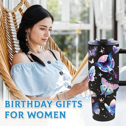 40oz Tumbler with Handle & Straw, Butterfly Gifts for Women | Insulated Stainless Steel Travel Mug, Holiday, Birthday Gifts for Women, Friends, Daughter, Mom - color: Butterfly-Black