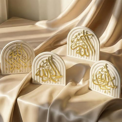 Set of 4 Islamic Table Decor – Gold Edition Arabic Calligraphy for Home or Office – Unique Islamic Art Piece, Perfect for Eid, Ramadan, or Daily Inspiration – White Stone Powder Statue - style: Gold Set of 4
