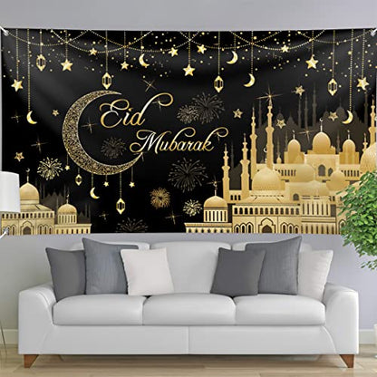 Aviski Eid Mubarak Banner 78 x 43 Inch Black Background Banners for Muslim Party Decorations