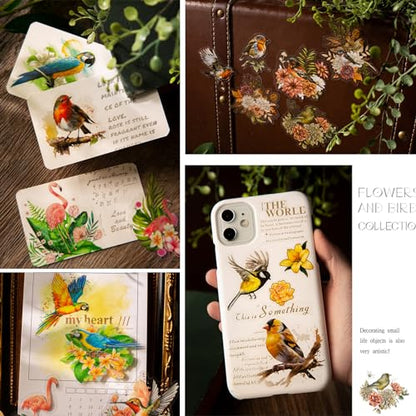 180 Pcs Transparent Flower Bird Stickers – Watercolor Floral Scrapbooking Supplies with Hummingbirds, Flamingos, Parrots – Clear Nature Stickers for Journals & Resin Art Crafts - color: Wildlife Bird