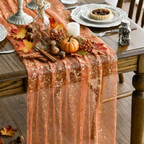 Artoid Mode Orange Gold Gauze Table Runner 120 Inch 10FT, Glitter Metallic Foil Sheer Dining Wedding Anniversary Holiday Table Decor for Home Party - color: Orange, size: 28" x 120"