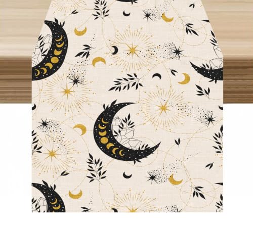 Moon Table Runner Abstract Vintage Pattern Leaves Stars Moon Decor for Indoor Outdoor Wedding Party Dinner Festival Farmhouse Holiday Home Kitchen Dining Room, 13x36in - color: Moon-beige, size: 13x36in