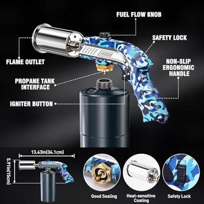 Powerful Grill & Cooking Propane Torch With a Safety Lock, Sous Vide, Welding Torch, Adjustable Wood Torch Burner for Searing Steak, BBQ, Campfire Starter,Navy Blue(Tank Not Included)
